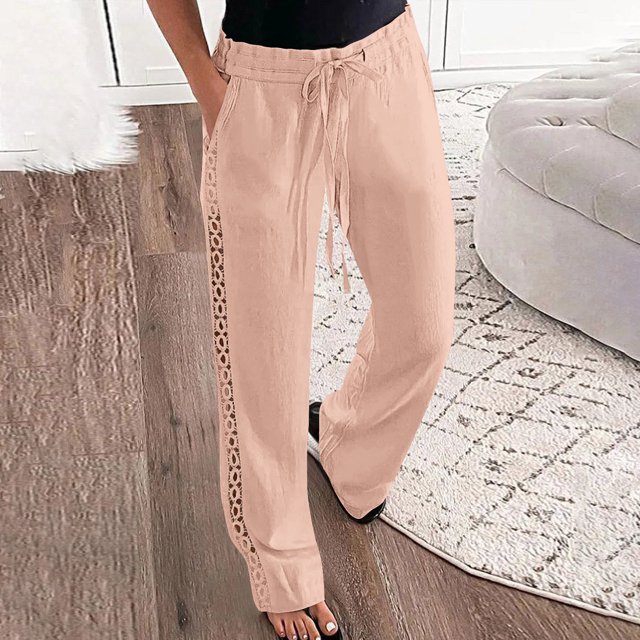 BVOFAR Women's Side Hollow Cotton Linen Summer Pants Elastic Waist Drawstring Lightweight Trousers Solid Color Lounge Pants with Pockets 2025