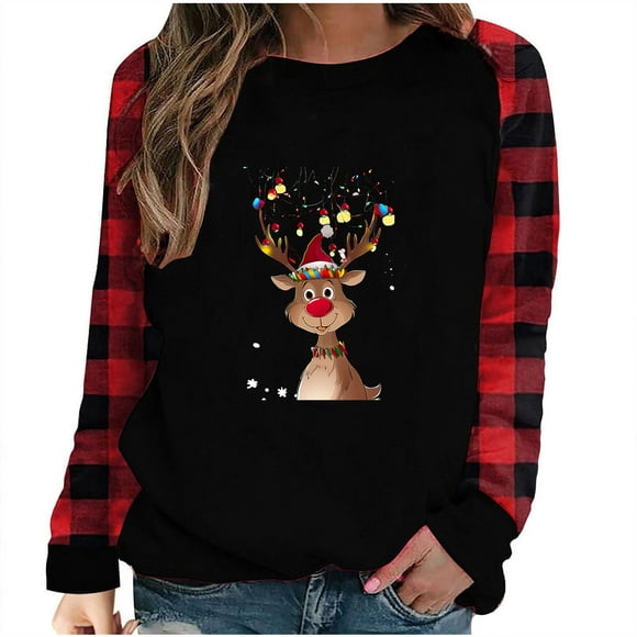 lcziwo Christmas Sweatshirt for Women Cute Reindeer Print Crewneck Long Sleeve Casual Xmas Merry Pullover Tops Red,M
