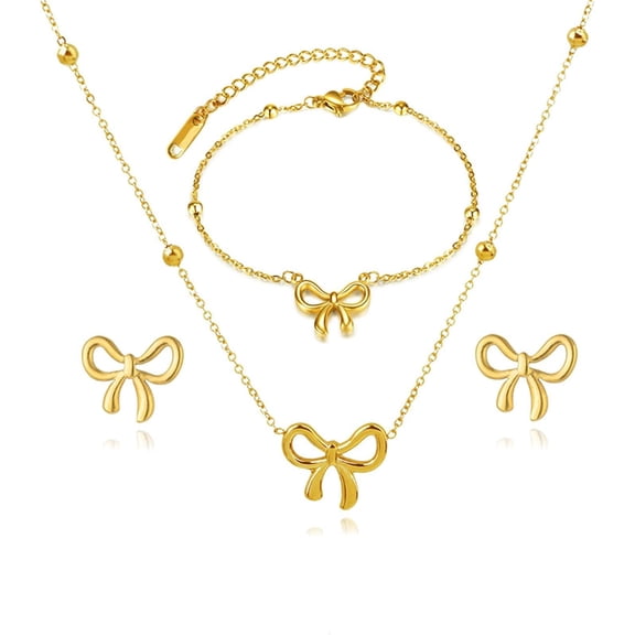 4 Pcs Bow Necklace Earrings Bracelet Set for Women 14K Gold Plated Bowknot Chain Necklace Dainty Ribbon Bow Necklace for Christmas Holiday Jewelry