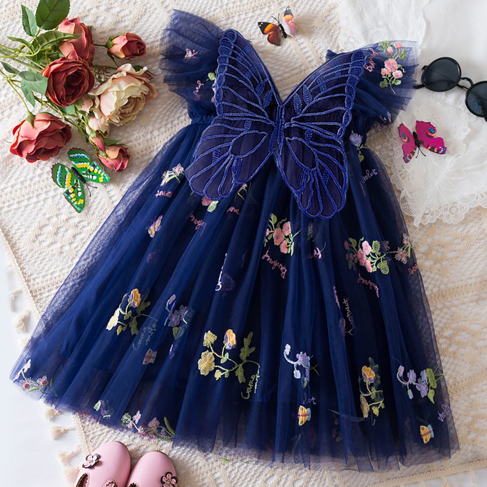 Pandaie Baby Girl Tulle Dress Flower Butterfly Wing Embroidery Sleeveless Romper Mesh Tutu Skirt Toddler Princess Birthday Party Dresses 3-4 Years Dark Blue