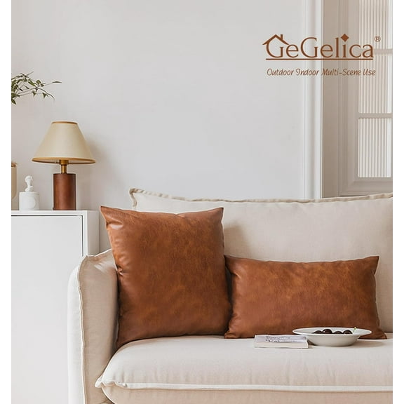 2pcs Faux Leather Throw Pillow Covers, Set of 2 Brown Large Thick Solid Farmhouse Modern Decorative Pillow Cases for Outdoor Livingroom Couch Bed Sofa Bedroom Cushion Covers Cognac