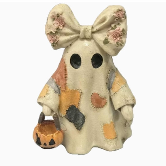 Lighted Vintage Patchwork Ghost Halloween Decoration, LED Ghost Tabletop Figurine, Halloween Ghost Figurine, Spooky Cute Decor for Home Office Tiered Tray