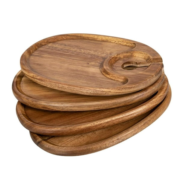 Juego de 4 platos para aperitivos, tabla de quesos, madera, ligero y portátil, con soporte para bebidas. Oval