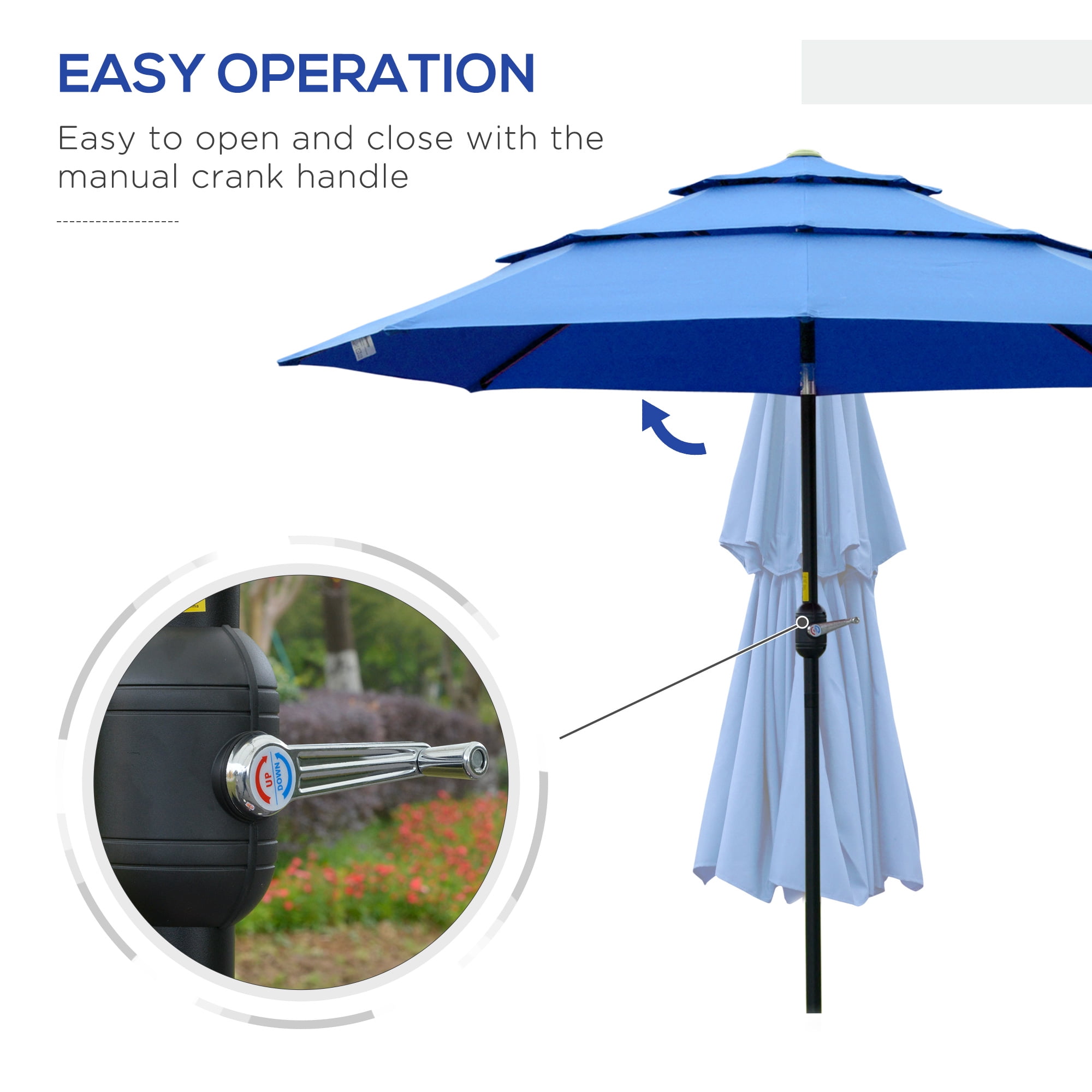 Outsunny 7.70 Feet Blue Solid Print Market Patio Umbrella, 3-Tier Top with Vents