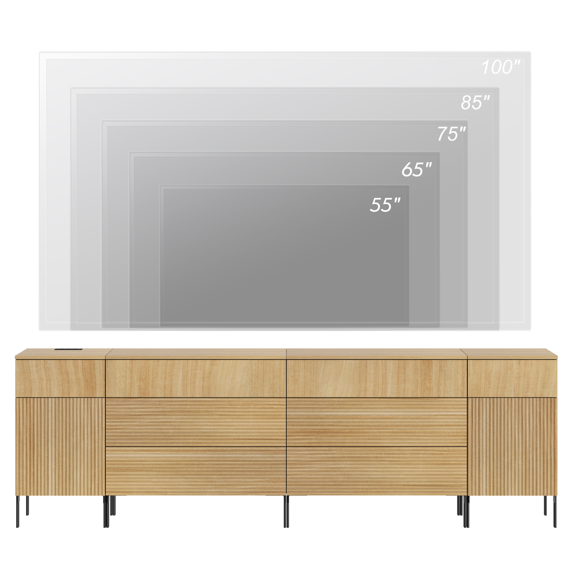 94.5" Reeded Accent Cabinet Set with Doors and Drawers, Modern Credenza Storage Cabinet with Charging Station for Living Room, Kitchen, Dining Room, Hallway
