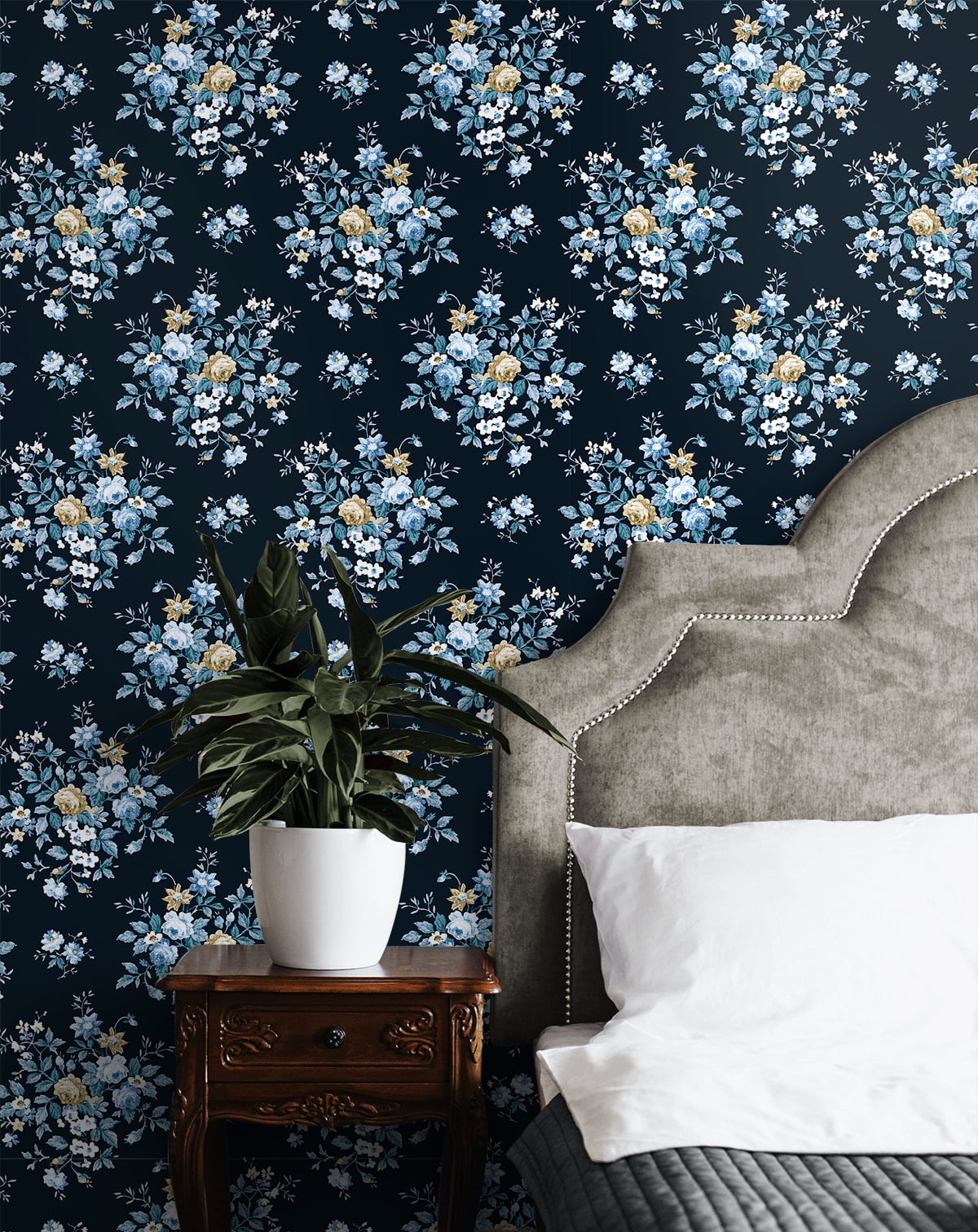NextWall  Floral Bunches Peel and Stick Wallpaper 20.5 in. W x 18 ft. L - Midnight Blue & Toffee