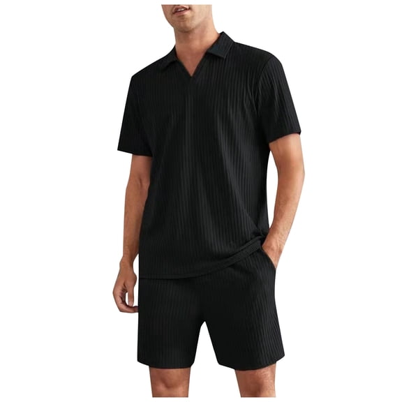 Glisme Mens 2 Piece Sets Summer Outfits Solid Color Fashion Casual Short Sleeved Shirt Shorts Two Piece Suit Leisure Clothing Set Black
