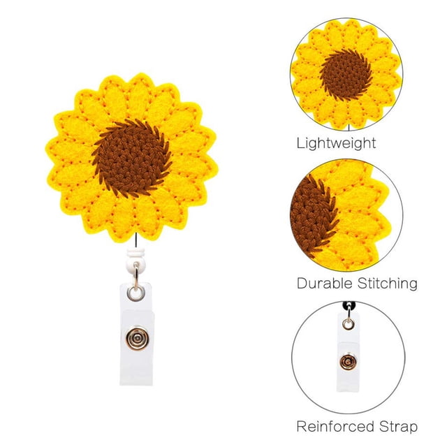 Fiudx Porta Credencial de Girasol, Divertida Decoración para Uniformes, Clip Retráctil, Correa Resistente, Mecanismo de Acero Inoxidable, Ideal para Enfermeras, Profesores y Voluntarios, Cable de 61