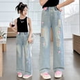 thumbnail image 4 of Otqutp Teen Girls Flare Denim Pants Baggy Wide Leg Elastic Waist Jeans Kids Cute Trendy Casual Denim Bell Bottom School Jean Bootcut, 4 of 9