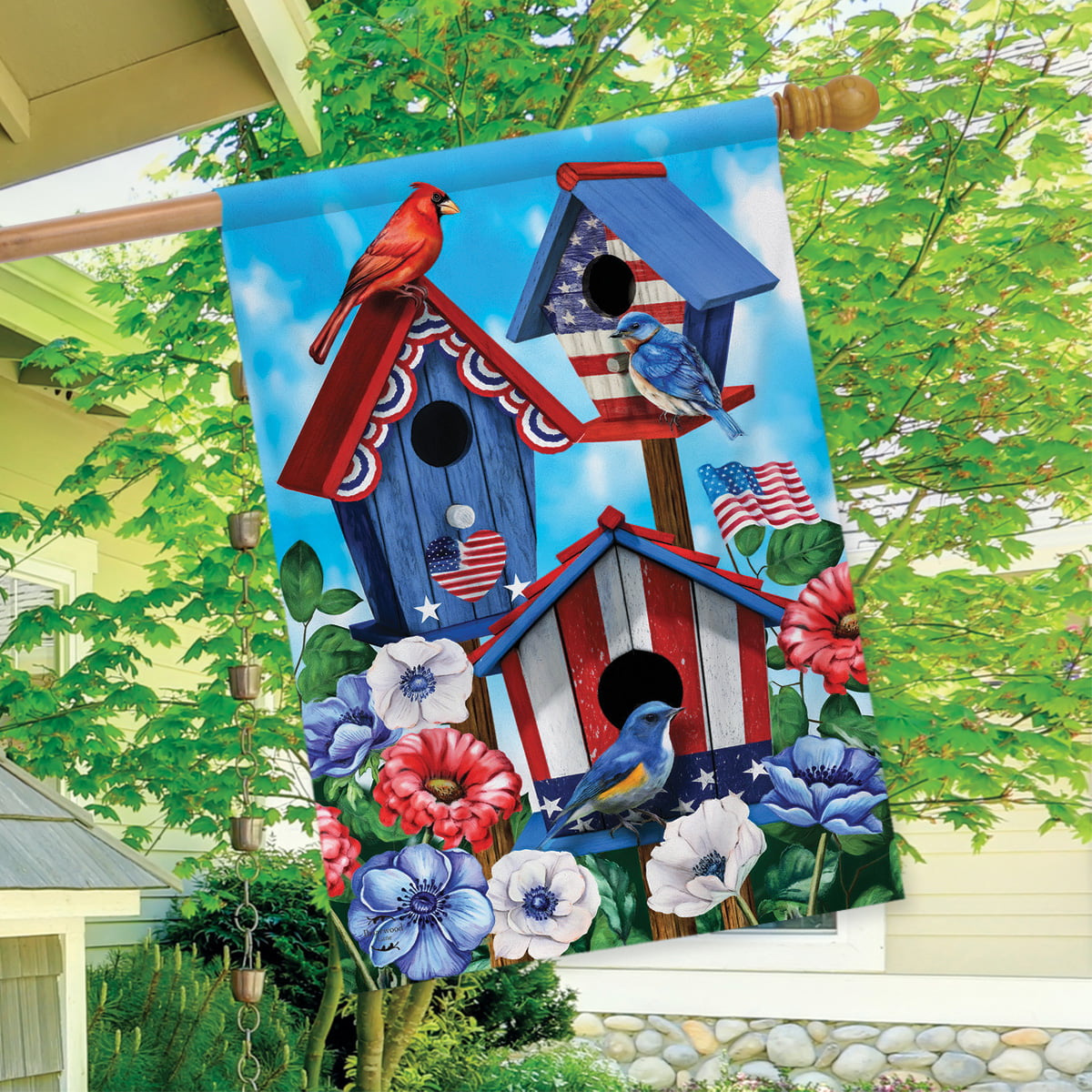 American Birdhouses Summer House Flag Patriotic Red White and Blue 28 x 40