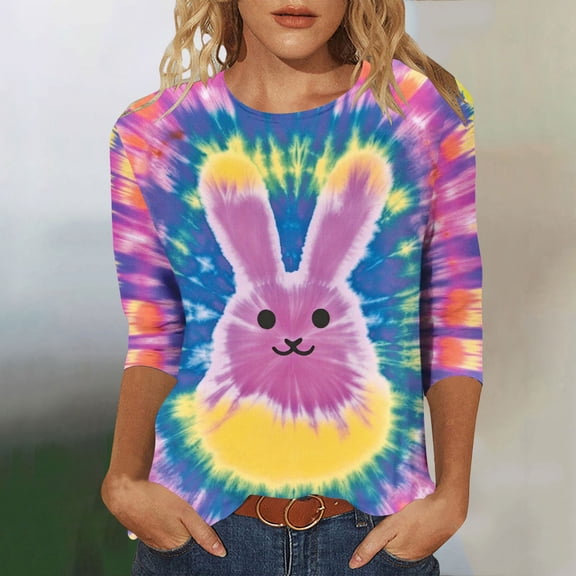 HOMBOM Womens Tops T-Shirts 3/4 Sleeve Soft Summer Bunny Print Graphic Tees for Young Woman Easter