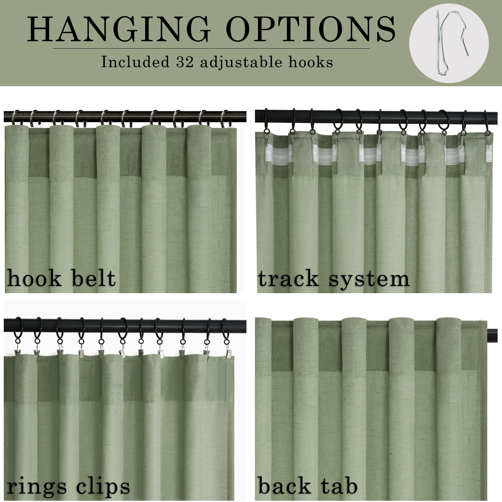 Jainmy Sage Green Linen Semi Sheer Curtains 90 Inches Long 2 Panels Set, Light Filtering Farmhouse Curtain Drapes for Living Room Bedroom,52"x90"