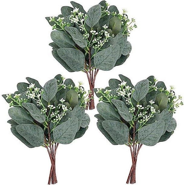 Nvzi 20 piezas de tallos de hojas de eucalipto artificiales con semillas blancas, flores artificiales cortas de dólar plateado para decoración, tallos de plantas verdes