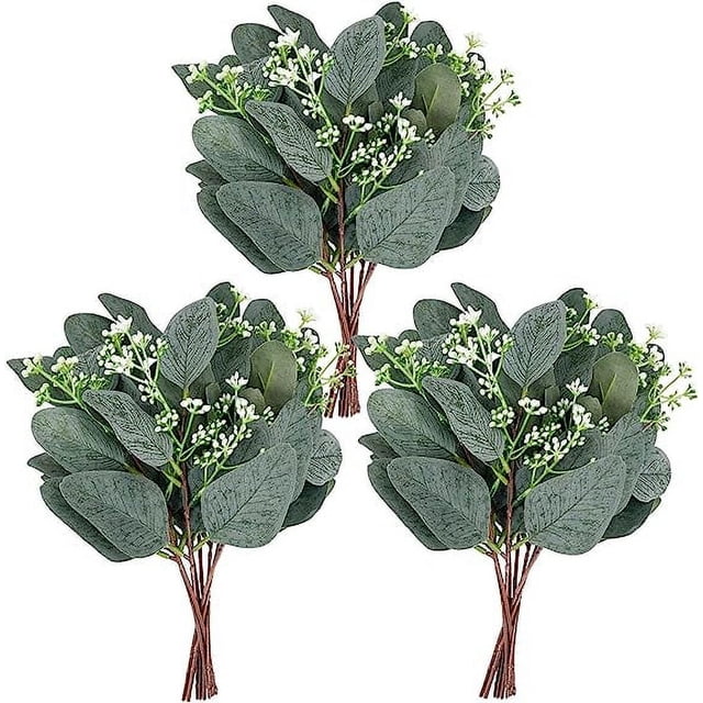 Nvzi 20 piezas de tallos de hojas de eucalipto artificiales con semillas blancas, flores artificiales cortas de dólar plateado para decoración, tallos de plantas verdes