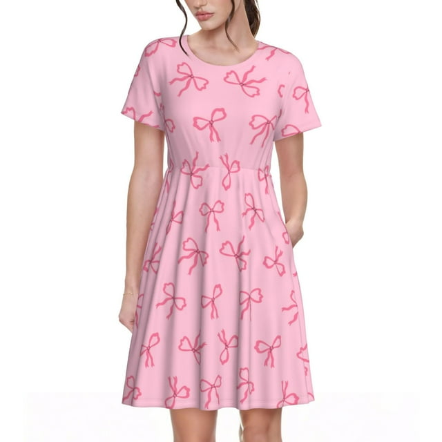 Fotbe Pink Bows Vestido Largo de Moda para Mujer, Vestido Tipo Camiseta con Manga Corta y Estilo Casual a Rayas y Bloques de Color