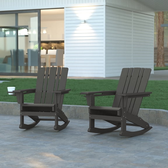 Emma Oliver Set of 2 Adirondack Rocking Chairs with Cup Holders, Weather Resistant HDPE Adirondack Rocking Chairs in Gray