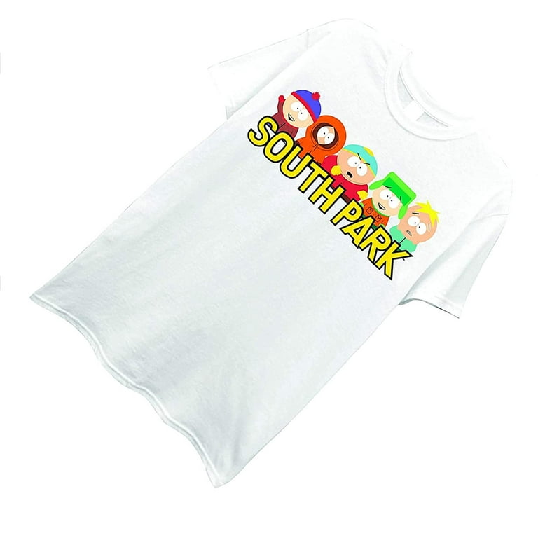 South Park Mens T-shirt - 5 Boy Group Over Yellow Word Logo (Medium)