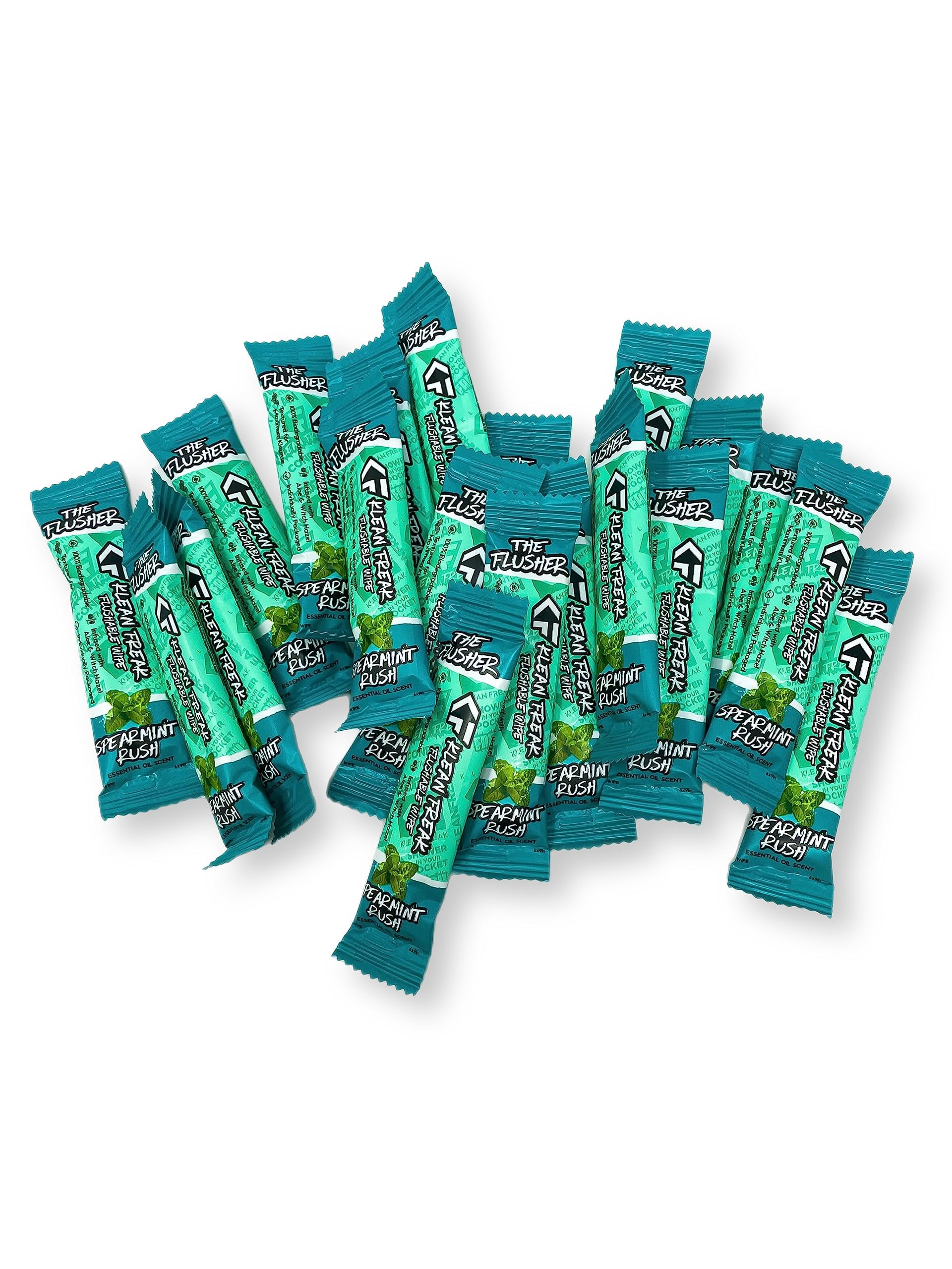 THE KLEAN FREAK FLUSHER - 100 Pack FLUSHABLE WIPES Flushable Wipes For Adults & Kids Unscented/Scented - 100% BIODEGRADABLE Individual Wrapped Travel WET Wipe for Toilet - Spearmint Rush