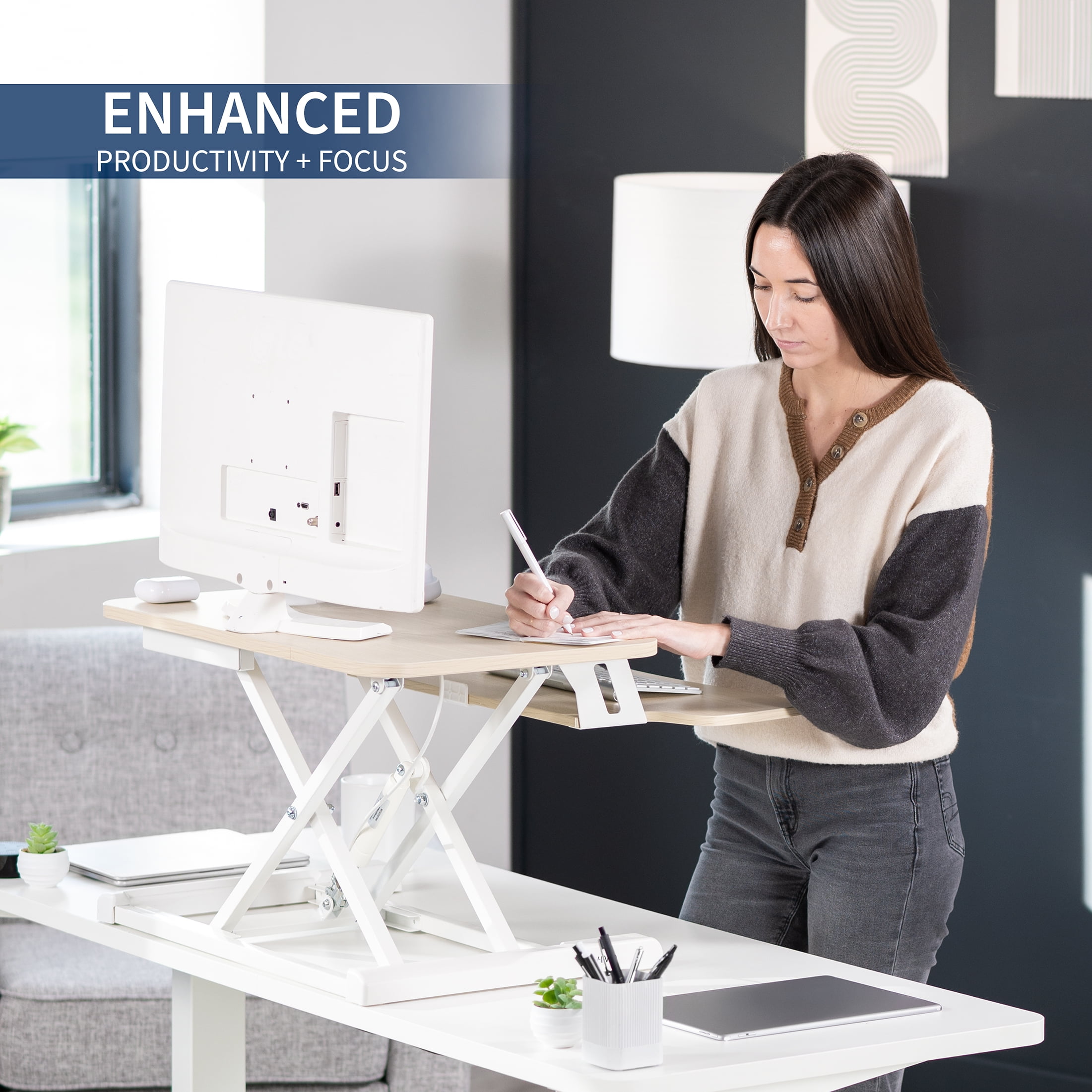 VIVO Light Wood 26" Height Adjustable Standing Desk Monitor Riser, White Frame