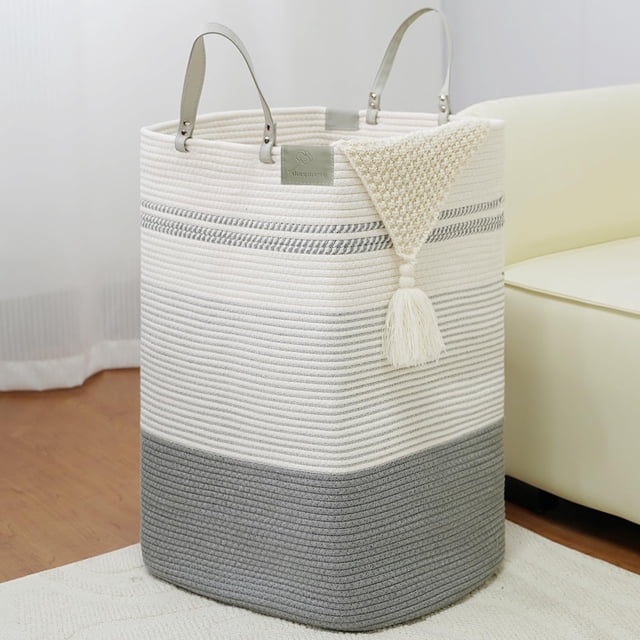 Cesta de ropa tejida Nursery Hamper danpinera de 100 litros, color blanco y gris