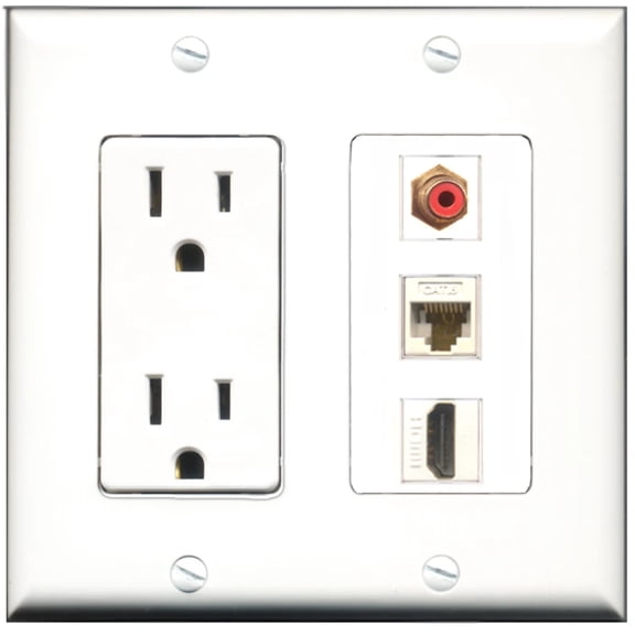 Ultra Spec Cables 15 Amp Power Outlet 1 Port HDMI 1 Port RCA Red 1 Port Cat6 Wall Plate