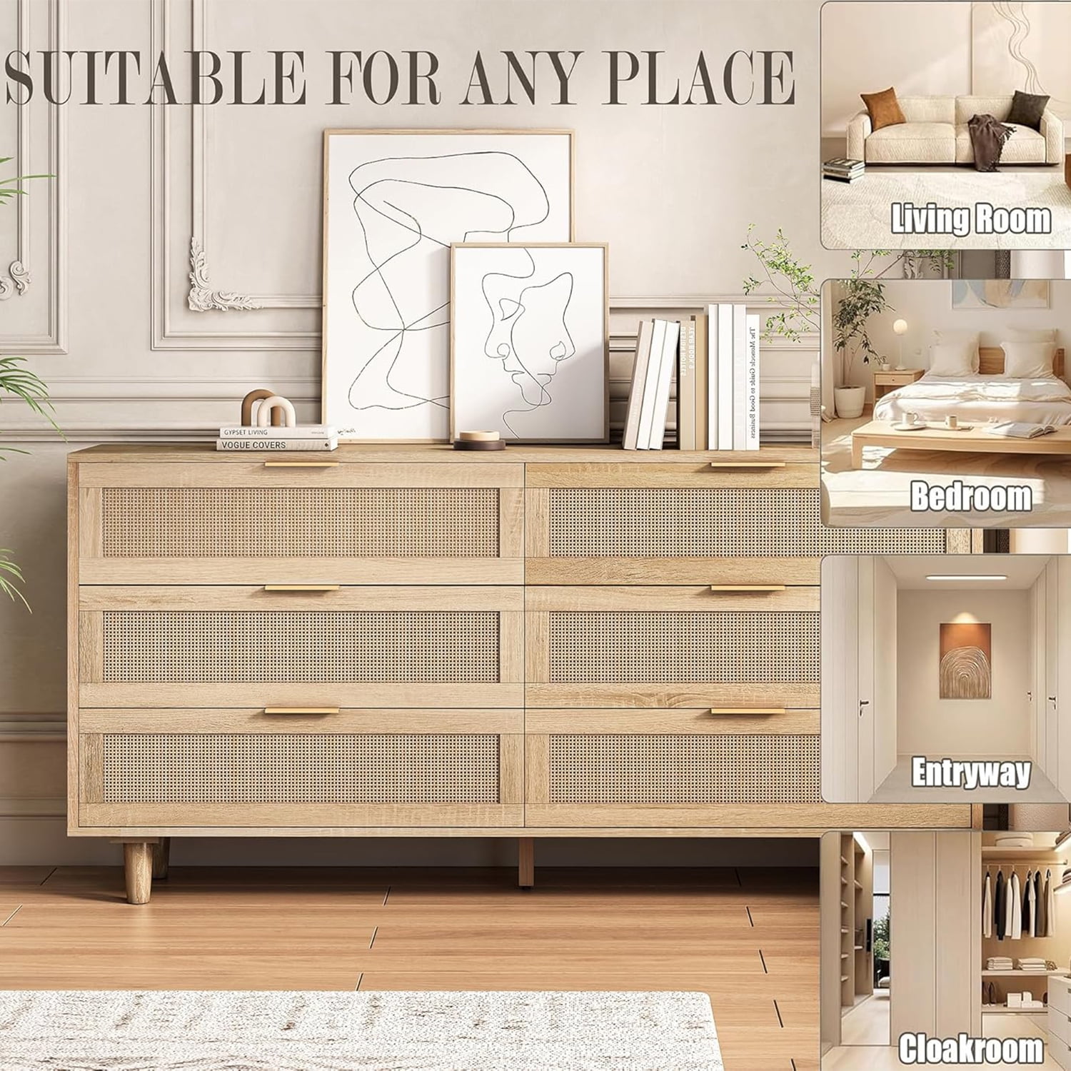 Rattan Dresser for Bedroom, Modern 6 Drawer Dresser, Wooden Storage Chest of Drawers for Living Room, Hallway (Natural)