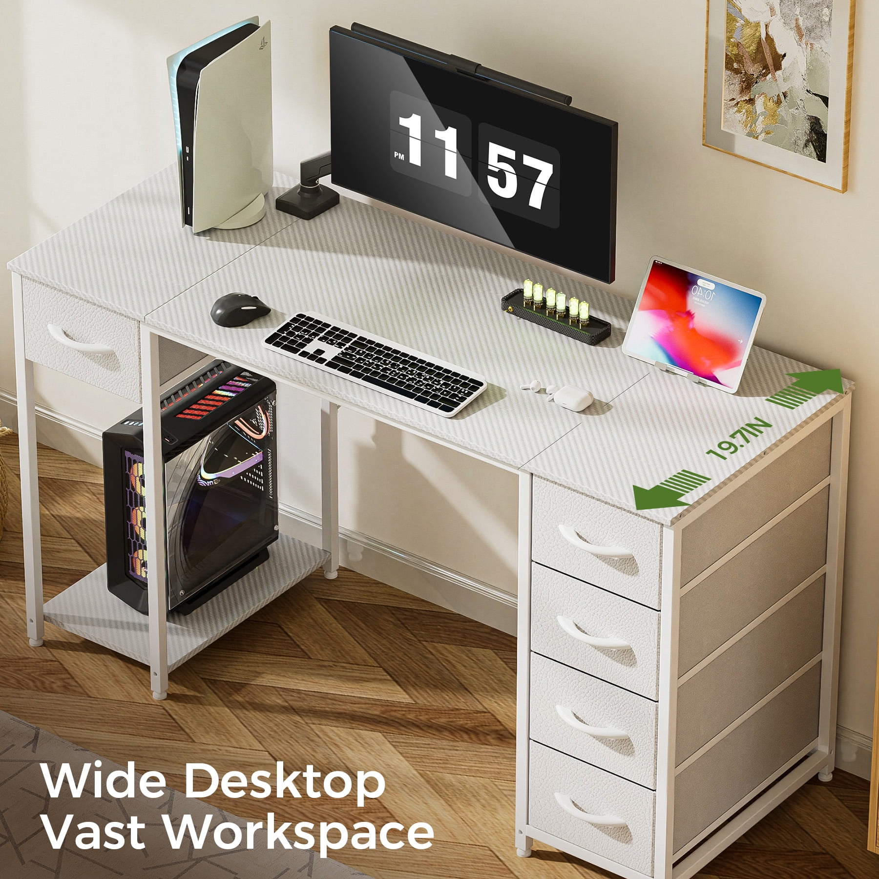 EXRACING 47 inch Carbon Fiber Gaming Computer Desk with 5 Fabric Drawers and Storage Organizers, White