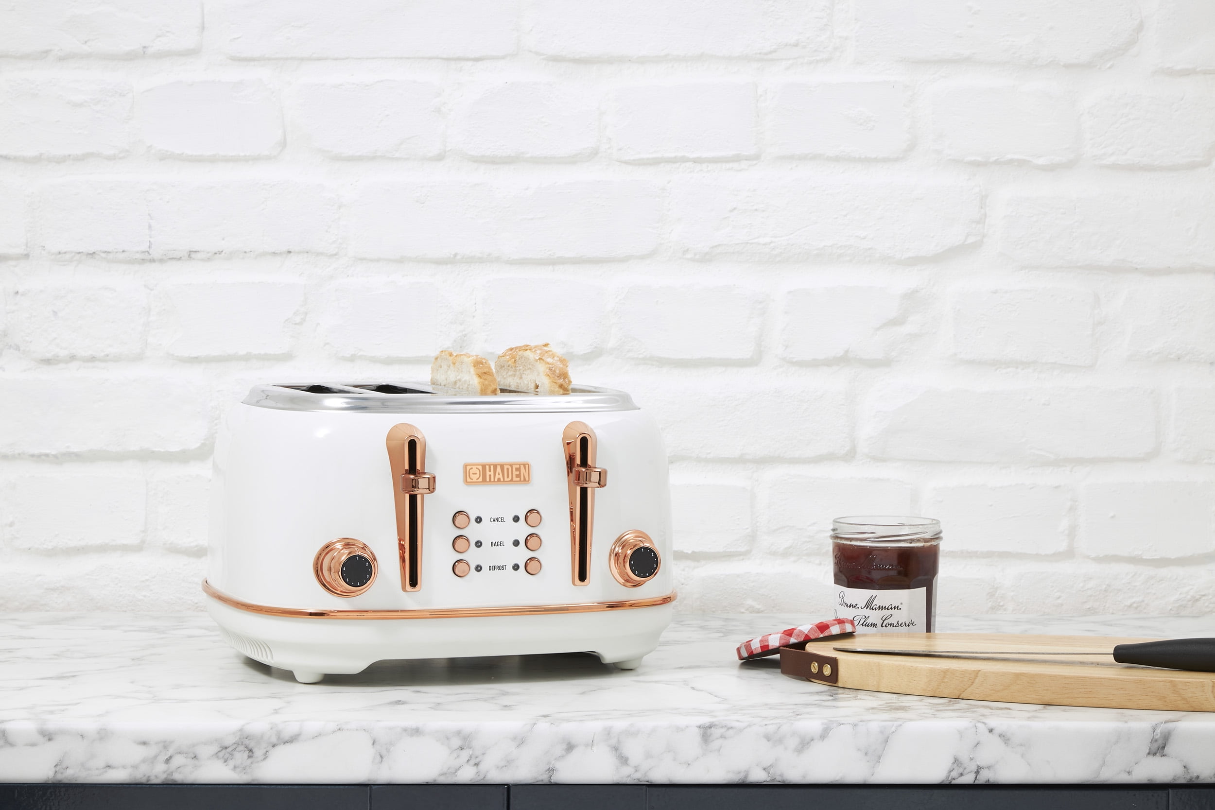 Open Box Haden Heritage 4 Slice Wide Slot Toaster w/Crumb Tray, Ivory/Copper