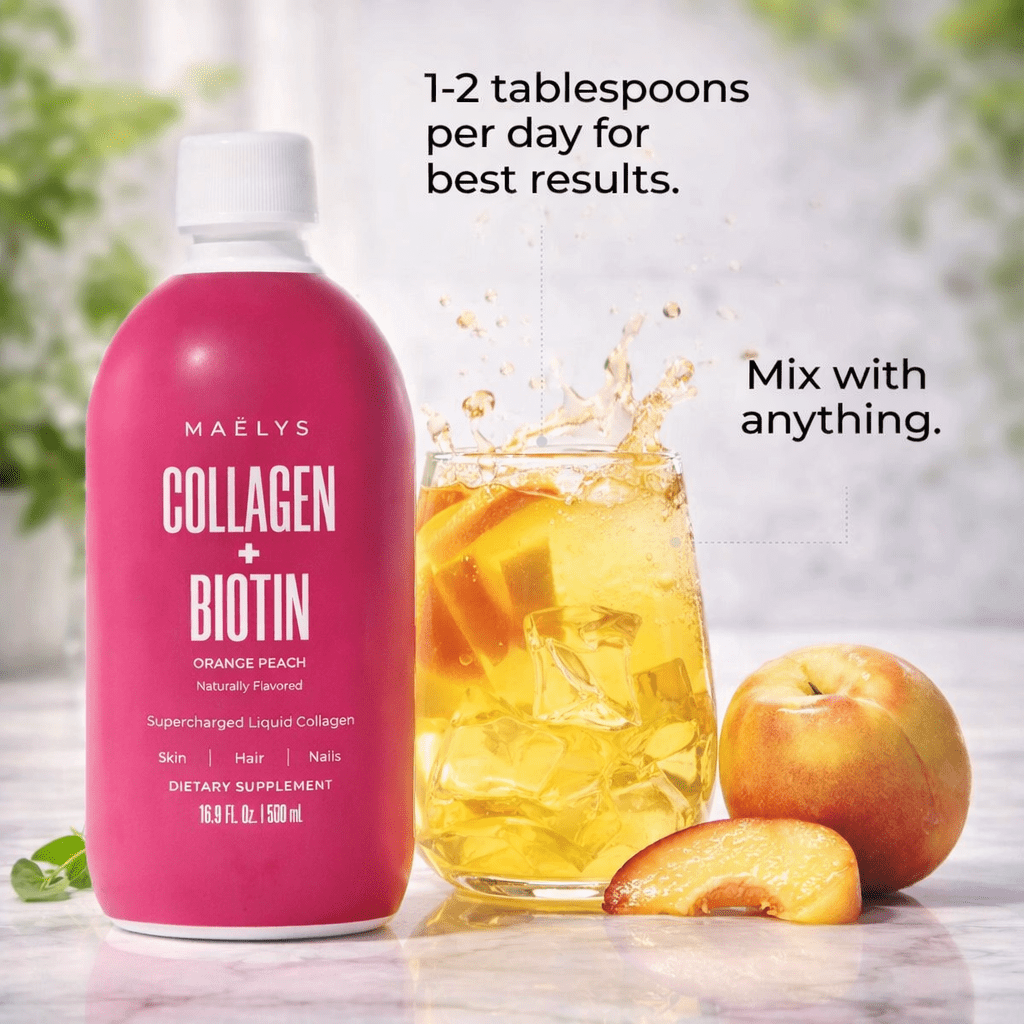 MAELYS COLLAGEN + BIOTIN ORANGE PEACH SUPERCHARGED LIQUID COLLAGEN JUICE 16.9oz