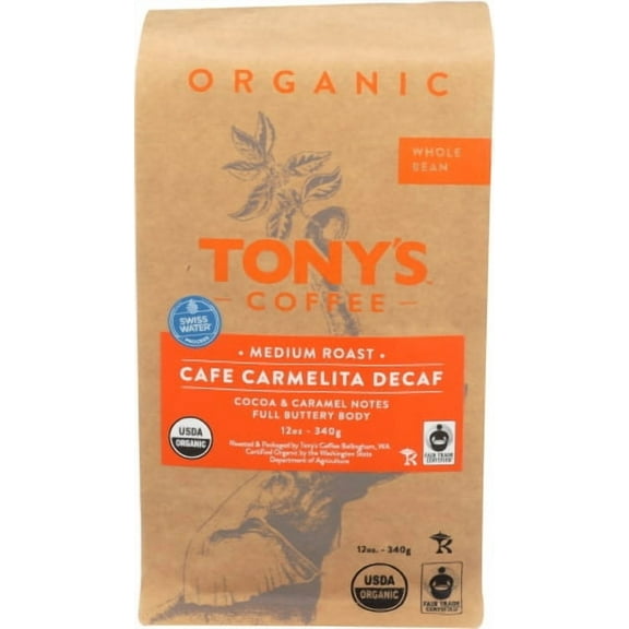 (Pack of 6) Tony's Coffee Whole Bean Carmelita Decaf 12 oz