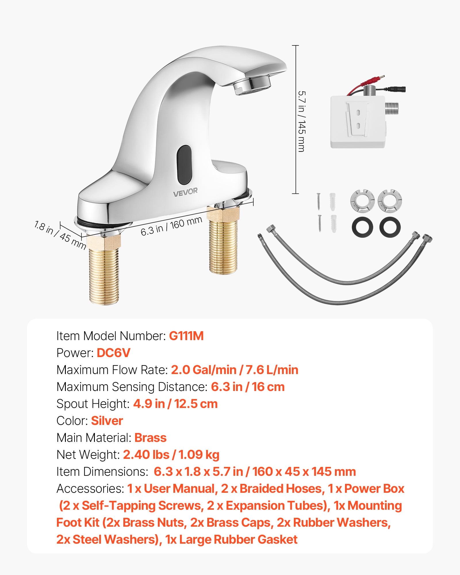 VEVOR Touchless Bathroom Sink Faucet, Automatic Motion Sensor Restroom Toilet Faucet Cold Water with Hole Cover Plate, Battery Operated for 9/16 in Pipe Commercial Lavatory,Chrome Plated Silver
