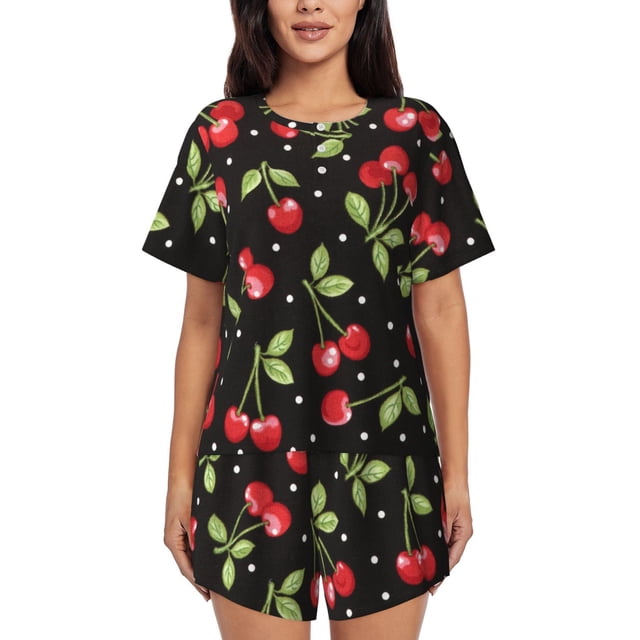 Balery Sweet Red Cherry Conjunto de Pijama para Mujer con Estampado, Dos Piezas de Manga Corta y Shorts, Ropa de Dormir Suave con Cuello Redondo y Bolsillos-XX-Large
