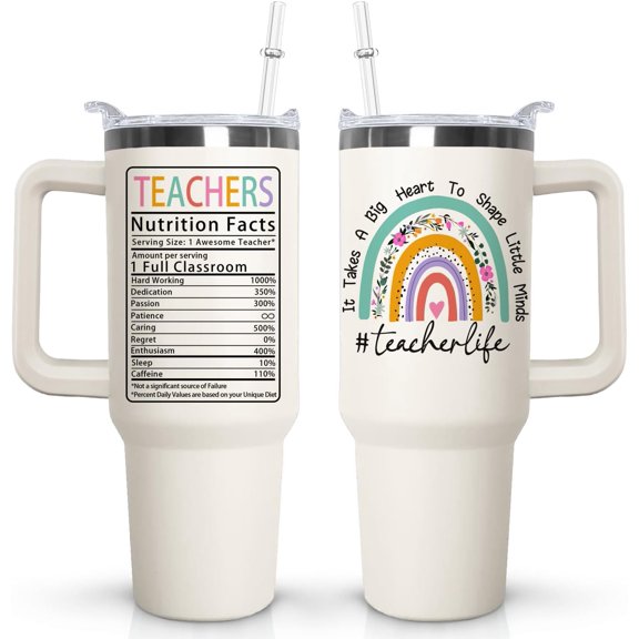 Teacher Tumbler with handle Lid and Straw, 40 oz Teacher Vacuum Insulated Travel Coffee Mug CupTumbler,teacher appreciation gifts for Women
