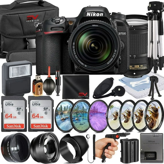 Nikon D7500 Mirrorless Camera with 18-140mm Lens   2 Pack SanDisk 64GB Memory Card   Pistol Grip Tripod   SV Premium Accessory Bundle (International Version)