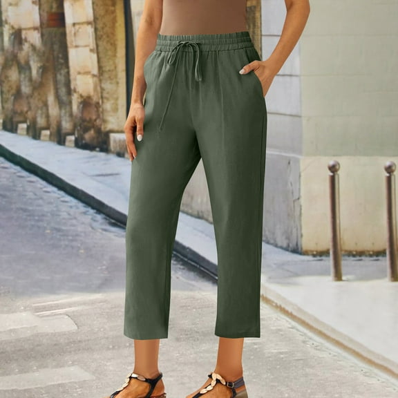 Ailaofu Women's Cotton Linen Ankle Pants Drawstring High Waist Straight Leg Casual 9/10 Trousers