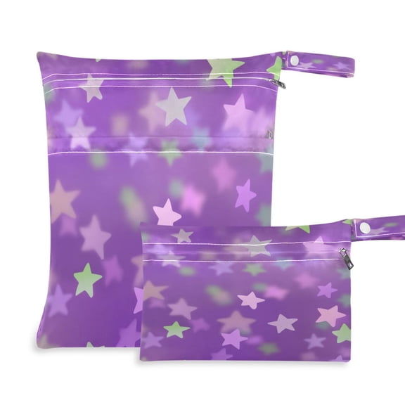 2 PCS Wet Dry Bags for Baby Cloth Diapers Reusable Waterproof Wet Bags for Stroller, Travel & Gym Purple Stars Pastel Colors