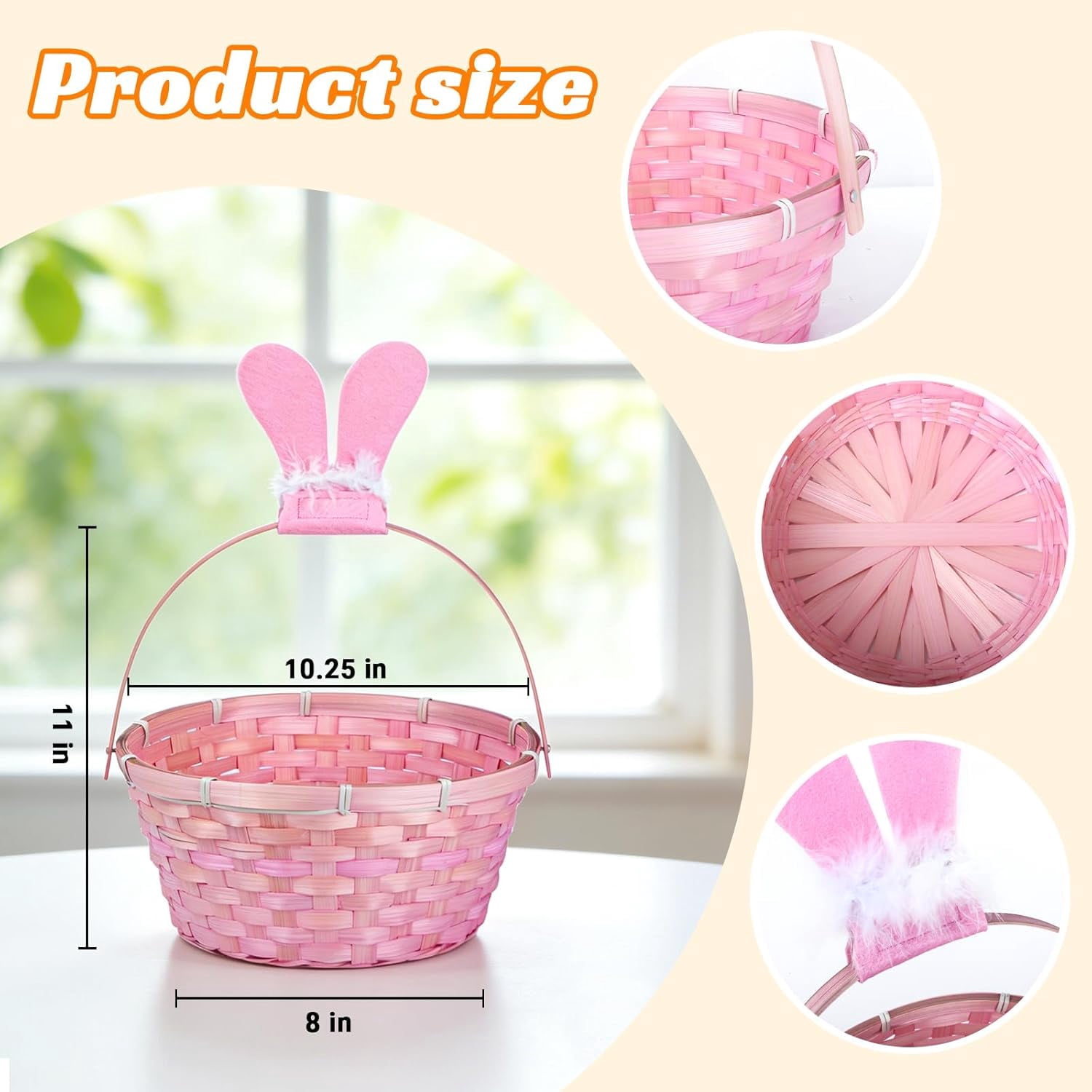 3 PCS Easter Bamboo Baskets Gift with Bunny Ears and Handle, Bunny Easter Basket Woven Easter Eggs Hunting Bucket, Wicker Candy Toys Storage BucketBaskets with Handle for Picnic, Party Favors