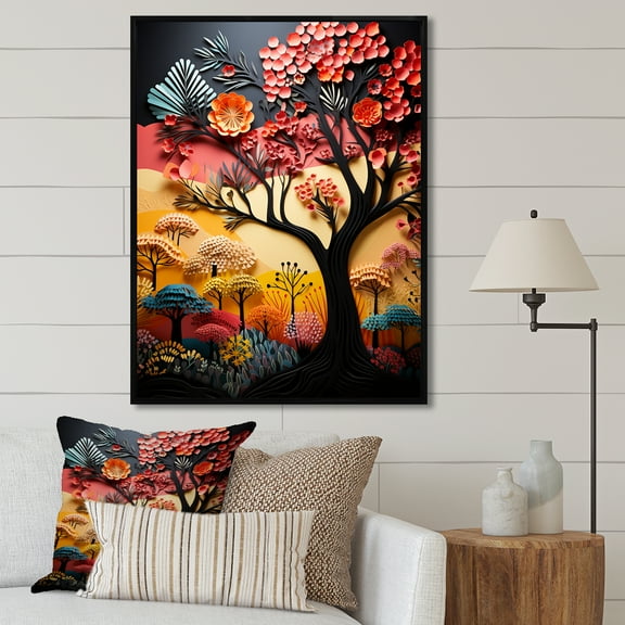 Designart "Colorful Collage of African Tree Landscape" Floral Framed Wall Art - Global Blue Tree African Living Room Framed Canvas Art