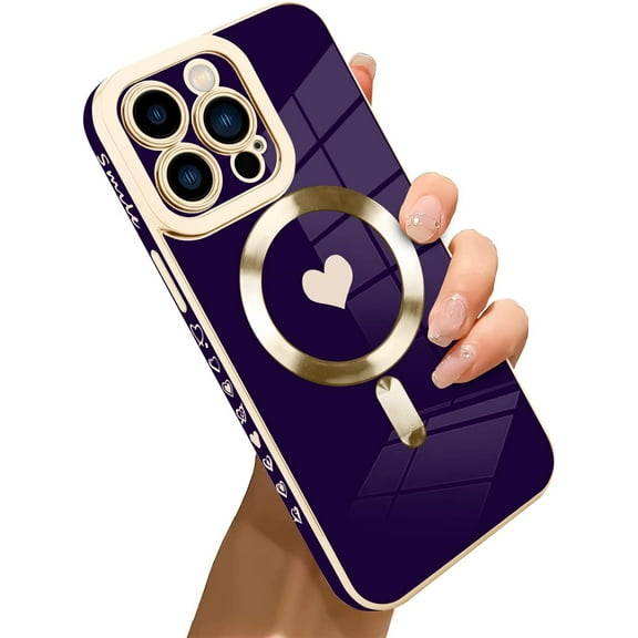 for iPhone 13 Pro Max Case [Support Magsafe] Love Heart Pattern Magnetic Plating Electroplate Luxury Elegant Case Camera Protector Soft TPU Shockproof Protective Corner Back Cover -Purple