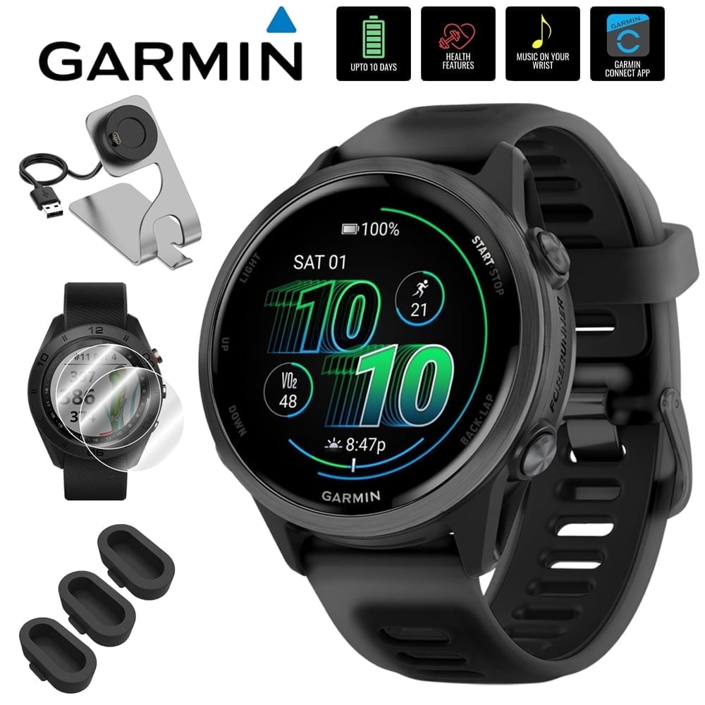 Garmin 010-02970-00 Forerunner 570 42mm GPS Smartwatch, Aluminum and Black Band Bundle with Deco Essentials Charging Dock, 3x Silicone Dust Cover and 2x 1.2 Inch Screen Protector
