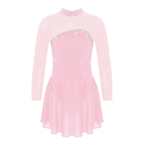 vastwit Kids Girls Figure Ice Skating Dress Long Sleeve Rhinestone Sheer Mesh Ballerina Dancewear Pink 16