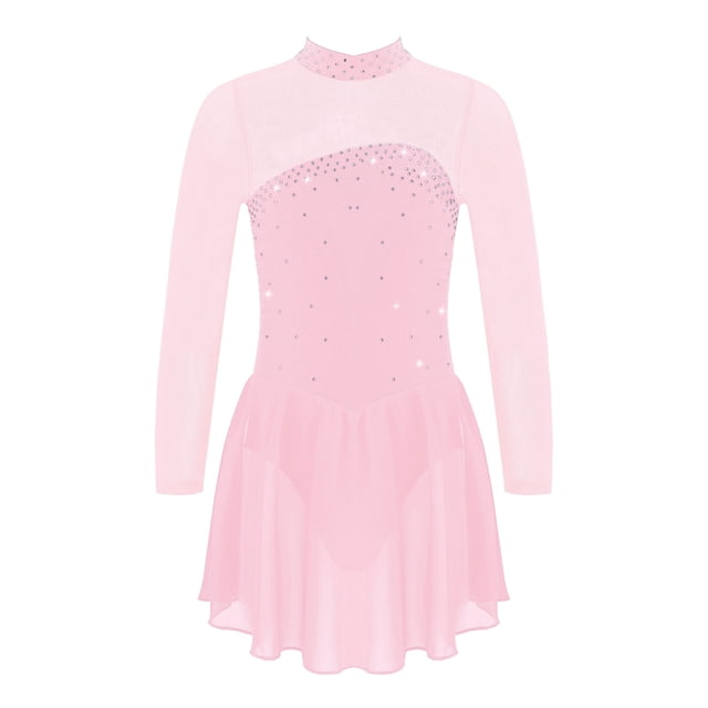 Sxiwei Kids Girls Long Sleeve Mesh Splice Figure Skating Dress with Rhinestone Keyhole Back Gymnastic Pink 10