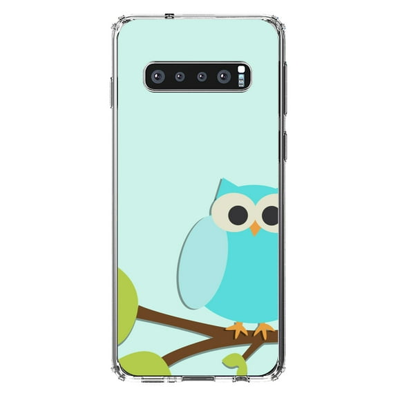 DistinctInk Clear Shockproof Hybrid Case for Samsung Galaxy S10  PLUS(6.4" Screen) - TPU Bumper, Acrylic Back, Tempered Glass Screen Protector - Blue Owl Cartoon - Cartoon Owls