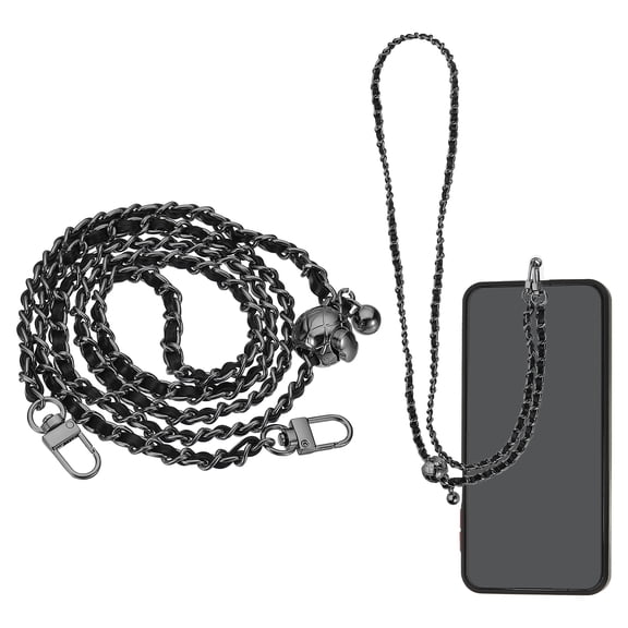 Phone Lanyard, 47 Inch Adjustable Crossbody Cellphone Black Chain with Tether Tabs, Anti-Theft Metal Pearl Neck Strap for Smartphones, Black