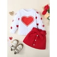 thumbnail image 3 of FEORJGP Toddler Girls Valentine’s Day Outfits Kids Baby Mesh Long Sleeve Pulllover Round Neck Sweatshirt Heart Print Tops + Belted Skirt Set Loose Casual Baby Clothes, 3 of 9