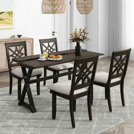 HighSound  5-Piece 62*35.2inch Extendable Rubber Wood Dining Table Set with X-shape Legs,Console Table with Two 8.8Inch-Wide Flip Lids and Upholstered Dining Chairs ,Dark Walnut