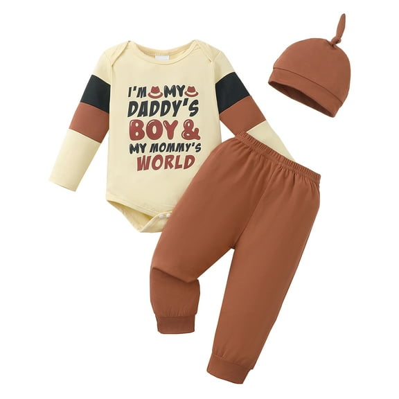 6 Months Baby Boys Clothes 12 Months Boys 3PCS Romper Outfits Set Letter Print Infant Boys Long Sleeve Top Pants Set with Hat Brown