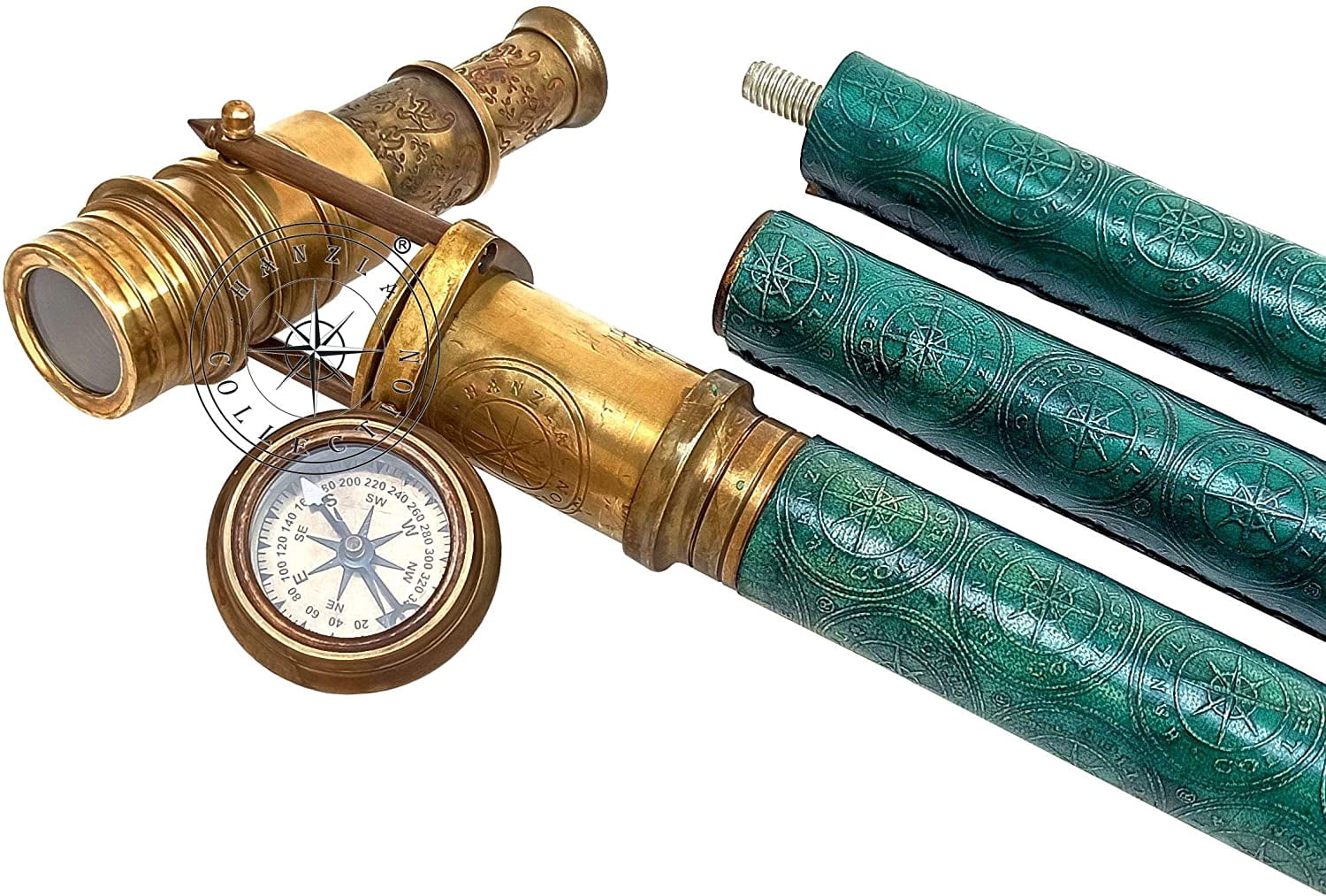 Nautical Compass Top Wooden Walking Stick & Canes With Hidden Brass Telescope 