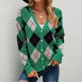 thumbnail image 1 of Pntutb Mujer Primavera y Otoño Diamond Check Colorblock Knit Button Manga Larga Cardigan Chaqueta Suéter top Selecciones Flash Pntutb Pntutb-4818, 1 of 9