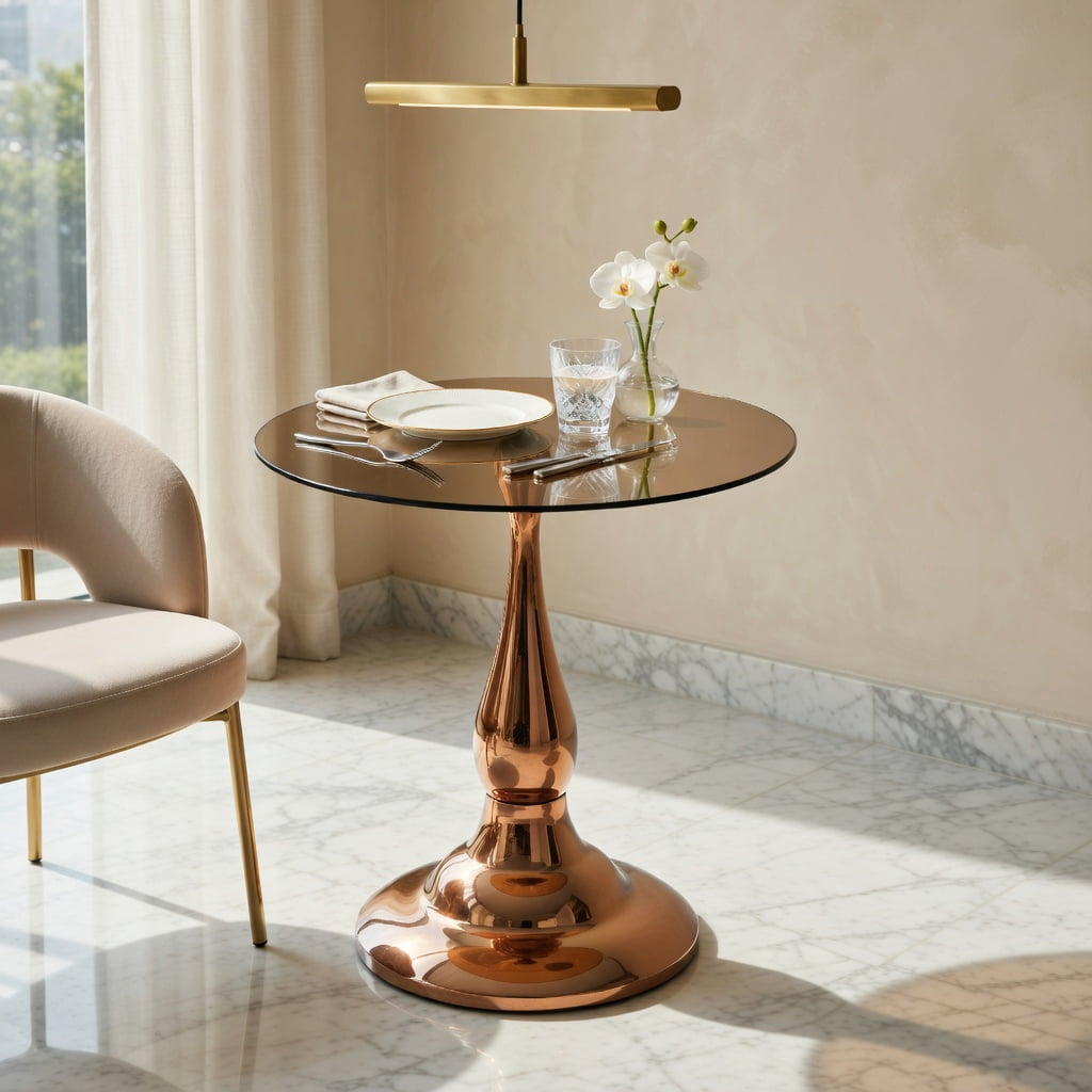 Hommoo Modern Metal Side Table with Tempered Glass Top, 20.3 in Height, 19.6 in Round Tabletop for Bedroom, Living Room, or Patio, Rose Gold
